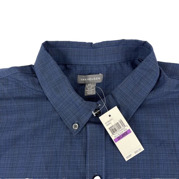 New Mens Van Heusen SS Classic Fit Button Down Shirt Size 2XL Blue Black NWT - Picture 2 of 8